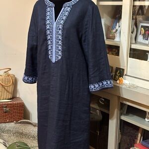 Embroidered and Embellished Navy Blue Linen Dress